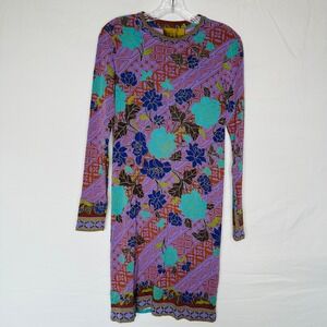 Nicole Miller Womens Silk Knit Long Sleeve Floral Batik Mini Dress Purple Size S